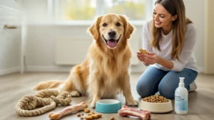 a lady doctor and a dog with meat and different food items