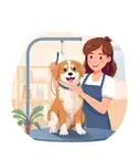Illustration of a woman grooming a dog with a brush indoors.