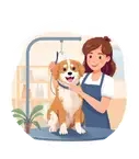 Illustration of a woman grooming a dog with a brush indoors.